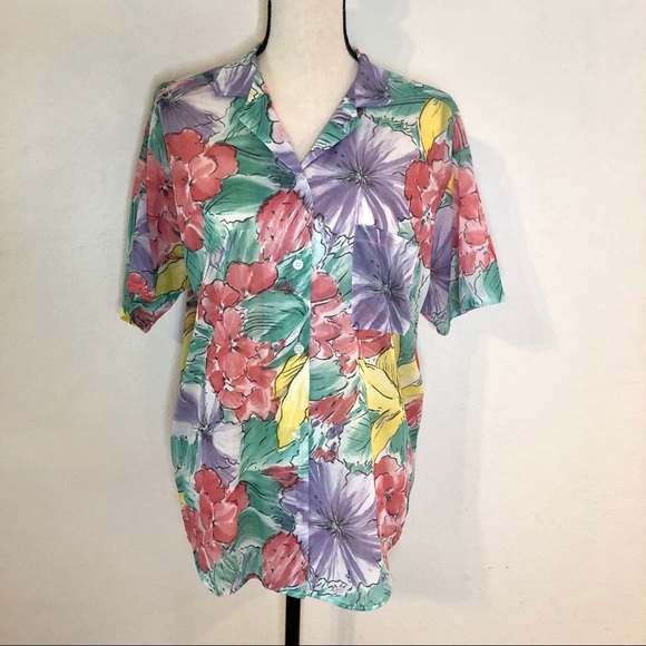 Vintage Floral Button Up Pocket Short Sleeve Shirt - Picture 1 of 5